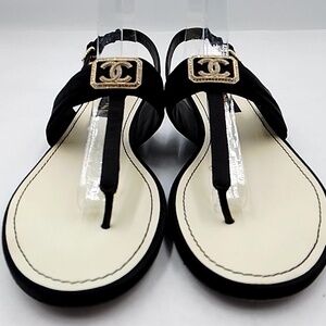 Chanel Black CC Logo Crystal Thong Sandals Size 9 - Preowned